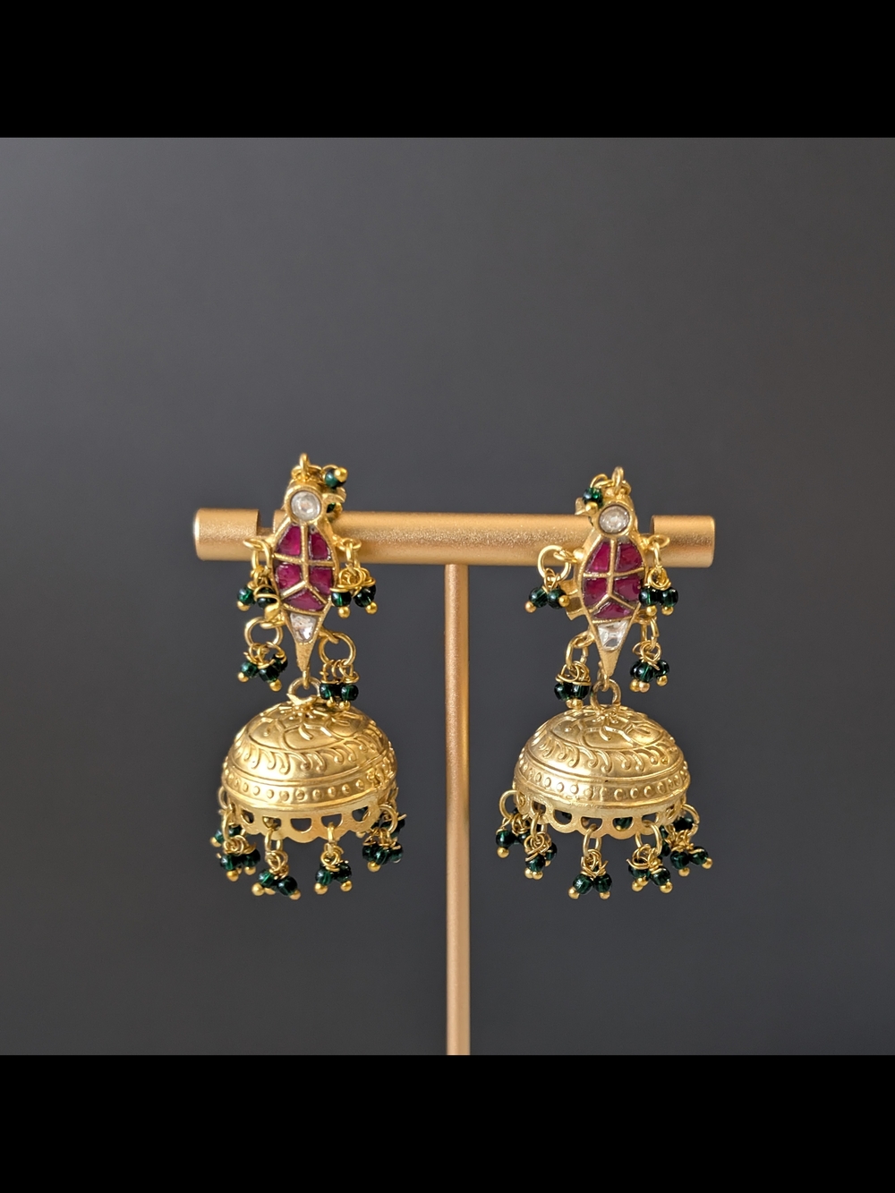 Gold-Tone Jhumka Earrings with Pink and Green Accents